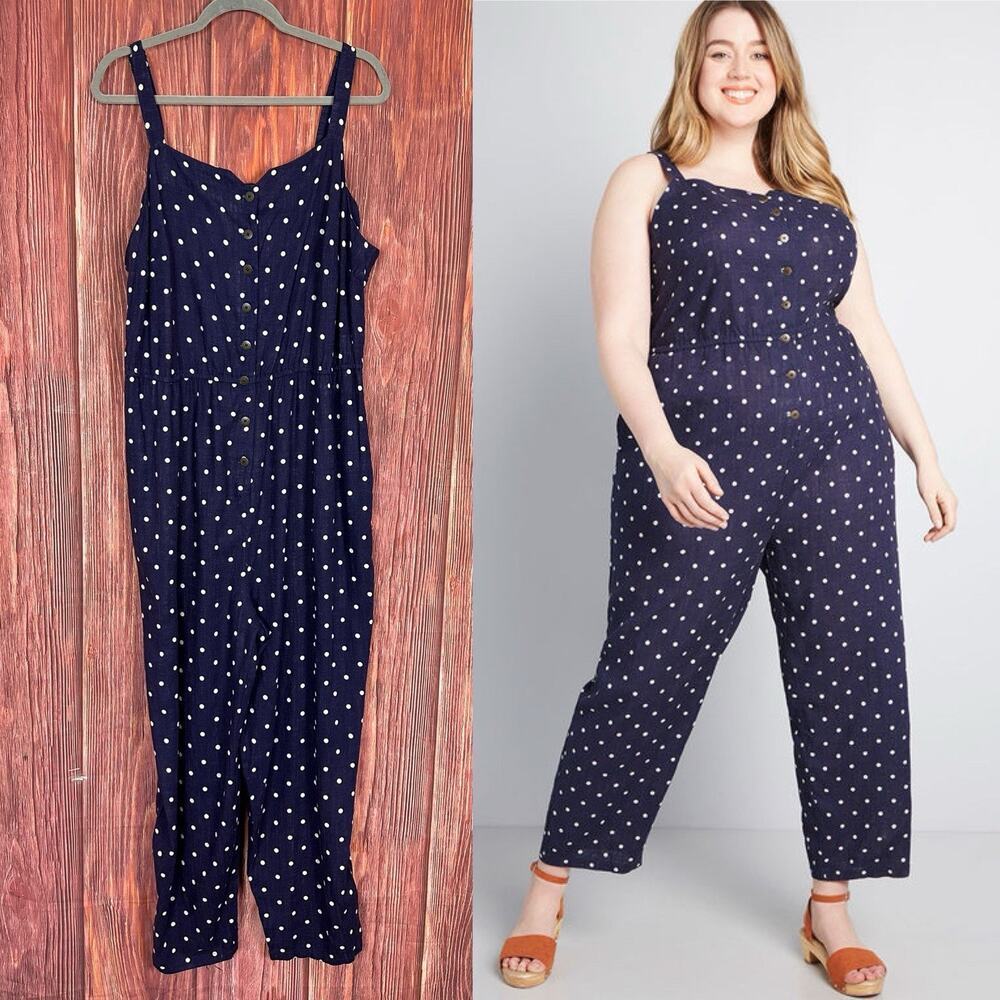 NWT‎ ModCloth Navy Polka Dot Linen Blend Button Front Jumpsuit 1X